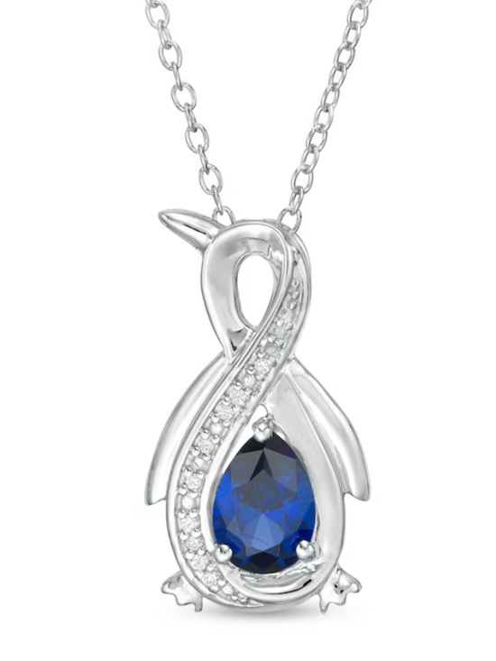 Zales Jewelry - Zales Sterling Silver Penguin Necklace with Lab-Created Blue Sapphire & Diamonds